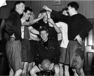 1956 Celebrating news of Grainger's first cap LtoR Joe Mercer manager Billy Russell, Ron Crook...png