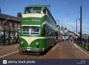 double-deck-blackpool-tram-at-front-of-three-trams-at-fleetwood-during-B2A3KB.jpg