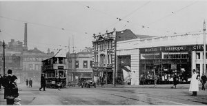 Waingate junction with Exchange St R Castle St L Haymarket behind camera circa1930.jpg
